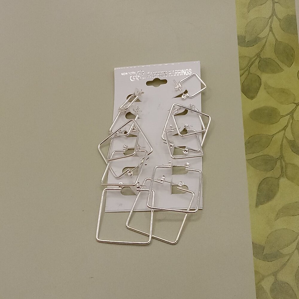 Square Silver Tone 6 Pair Earrings Pierced Set Everyday Light Weight - Picture 7 of 7